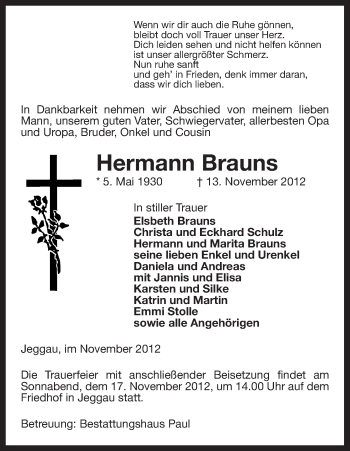 Traueranzeige von Hermann Brauns von Uelzen