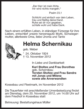 Traueranzeige von Helma Schernikau von Uelzen