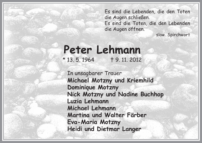  Traueranzeige für Peter Lehmann vom 17.11.2012 aus Uelzen