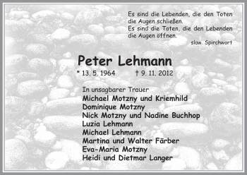 Traueranzeige von Peter Lehmann von Uelzen