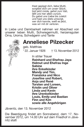 Traueranzeige von Anneliese Pilzecker von Uelzen