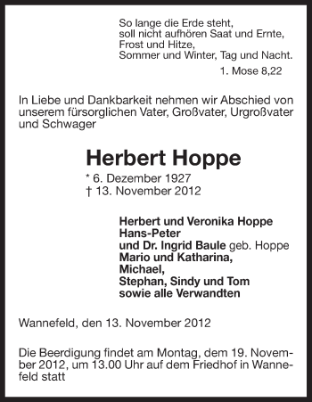 Traueranzeige von Herbert Hoppe von Uelzen