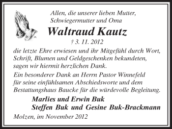 Traueranzeige von Waltraud Kautz von Uelzen