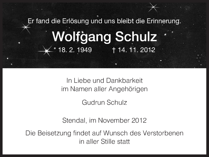  Traueranzeige für Wolfgang Schulz vom 17.11.2012 aus Uelzen