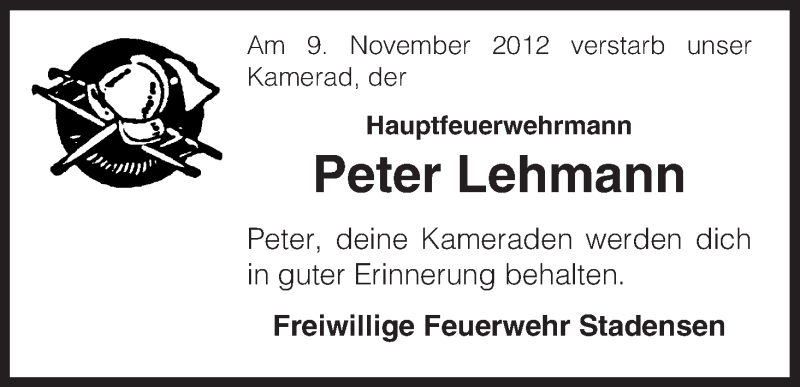  Traueranzeige für Peter Lehmann vom 17.11.2012 aus Uelzen