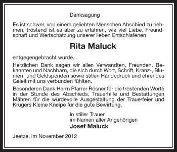 Traueranzeige von Rita Maluck von Uelzen