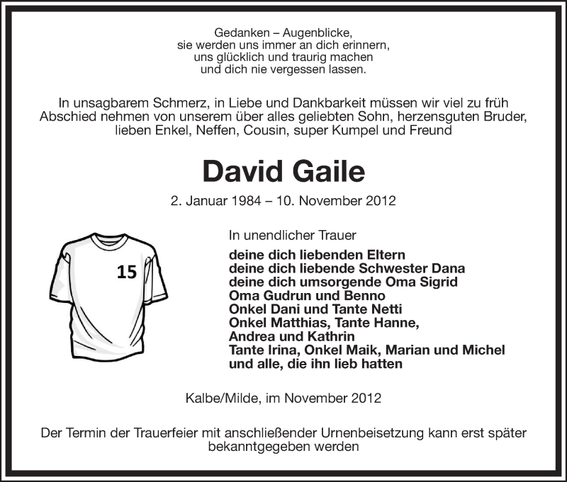  Traueranzeige für David Gaile vom 17.11.2012 aus Uelzen