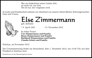 Traueranzeige von Else Zimmermann von Uelzen