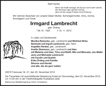 Traueranzeige von Irmgard Lambrecht von Uelzen