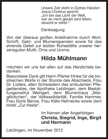 Traueranzeige von Hilde Mühlmann von Uelzen