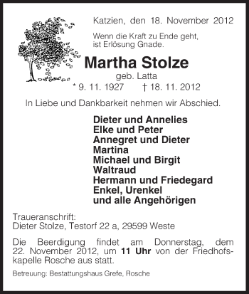 Traueranzeige von Martha Stolze von Uelzen