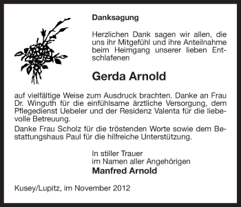 Traueranzeige von Gerda Arnold von Uelzen