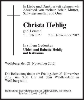 Traueranzeige von Christa Hehlig von Uelzen