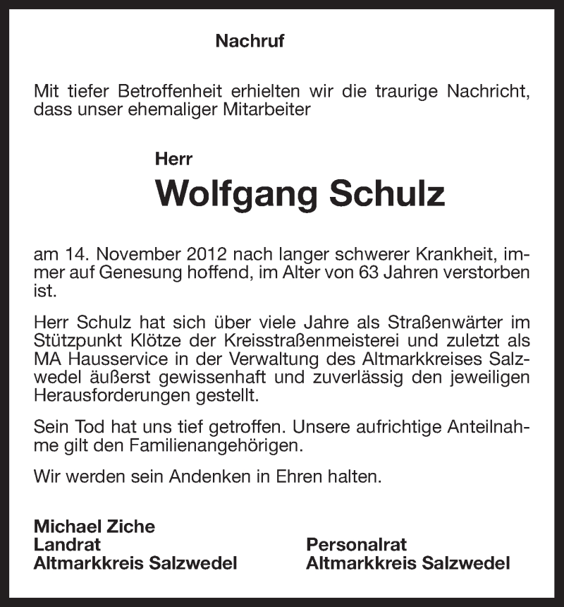  Traueranzeige für Wolfgang Schulz vom 22.11.2012 aus Uelzen