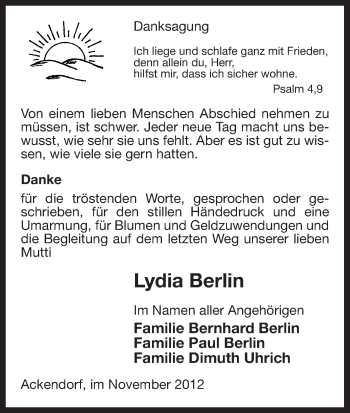 Traueranzeige von Lydia Berlin von Uelzen