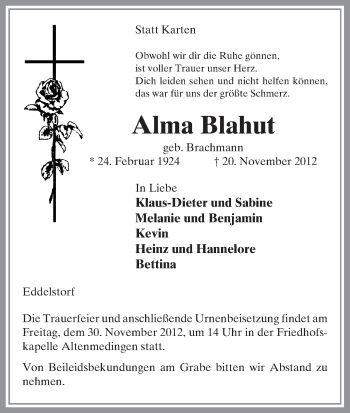 Traueranzeige von Alma Blahut von Uelzen