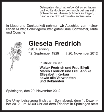 Traueranzeige von Giesela Fredrich von Uelzen