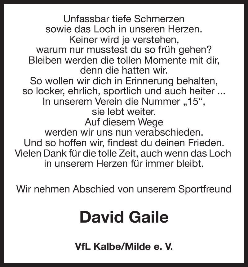  Traueranzeige für David Gaile vom 23.11.2012 aus Uelzen