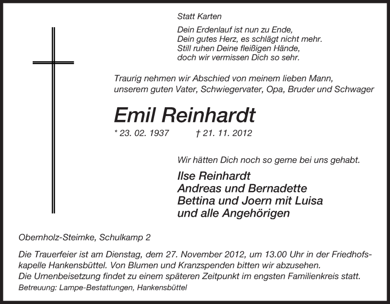  Traueranzeige für Emil Reinhardt vom 23.11.2012 aus Uelzen