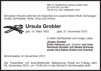 Traueranzeige von Ursula Grobler von Uelzen