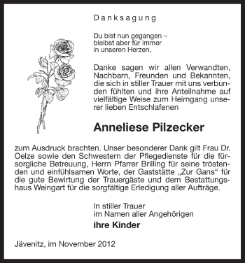 Traueranzeige von Anneliese Pilzecker von Uelzen