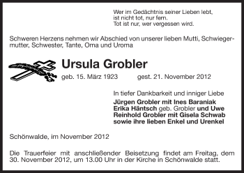 Traueranzeige von Ursula Grobler von Uelzen