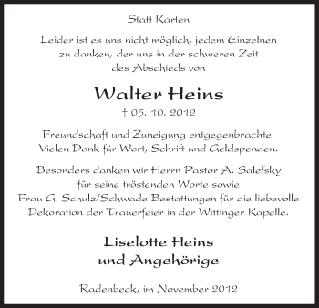 Traueranzeige von Walter Heins von Uelzen