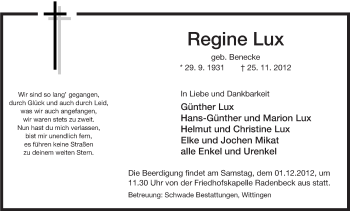 Traueranzeige von Regine Lux von Uelzen