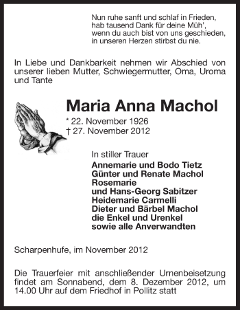 Traueranzeige von Maria Anna Machol von Uelzen