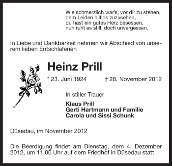 Traueranzeige von Heinz Prill von Uelzen