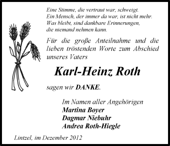 Traueranzeige von Karl-Heinz Roth von Uelzen
