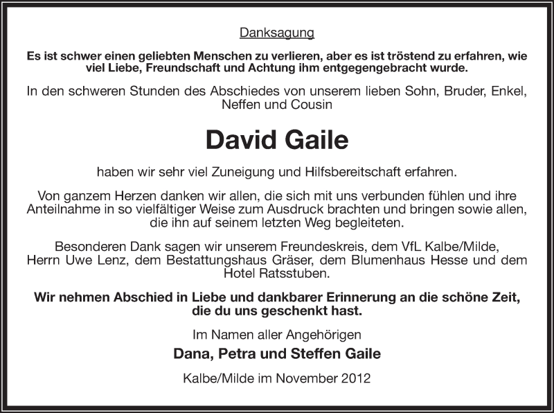 Traueranzeige für David Gaile vom 01.12.2012 aus Uelzen