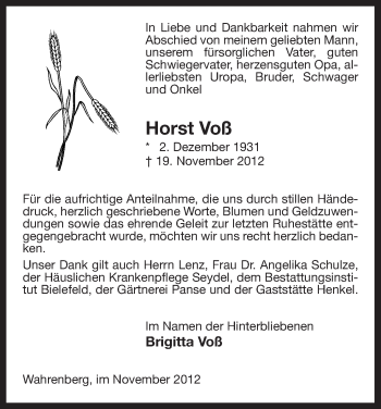 Traueranzeige von Horst Voß von Uelzen