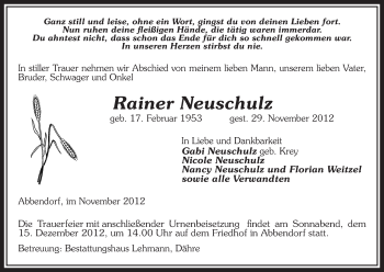 Traueranzeige von Rainer Neuschulz von Uelzen