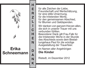 Traueranzeige von Erika Schneemann von Uelzen