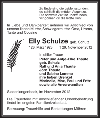 Traueranzeige von Elly Schulze von Uelzen