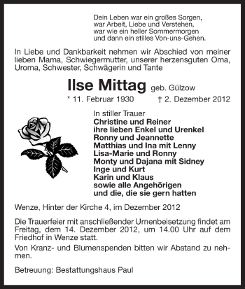 Traueranzeige von Ilse Mittag von Uelzen