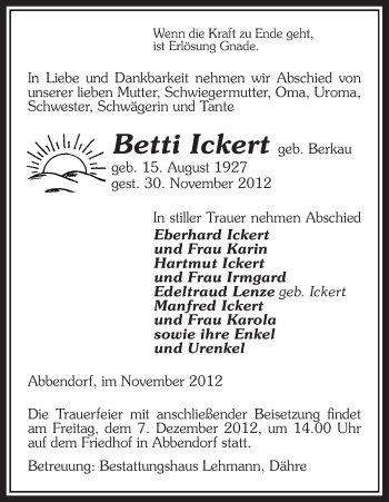 Traueranzeige von Betti Ickert von Uelzen