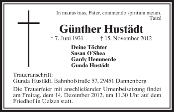 Traueranzeige von Günther Hustädt von Uelzen