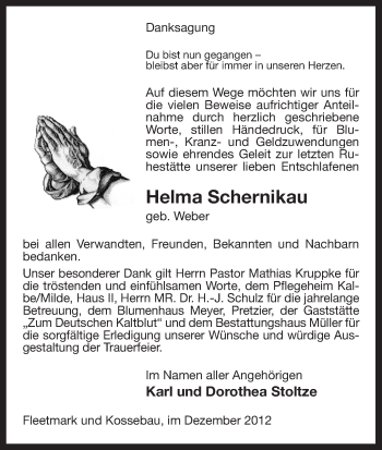 Traueranzeige von Helma Schernikau von Uelzen