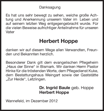 Traueranzeige von Herbert Hoppe von Uelzen