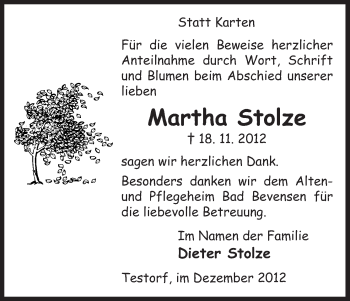 Traueranzeige von Martha Stolze von Uelzen