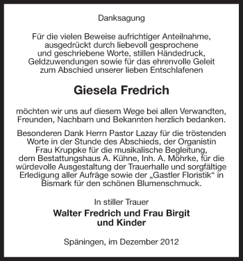 Traueranzeige von Giesela Fredrich von Uelzen