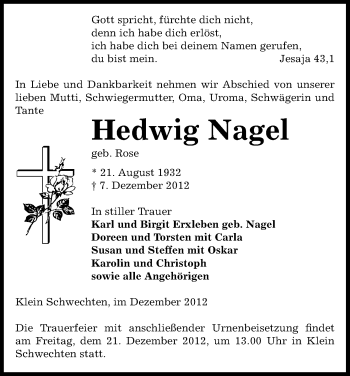 Traueranzeige von Hedwig Nagel von Uelzen