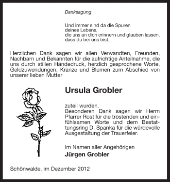 Traueranzeige von Ursula Grobler von Uelzen