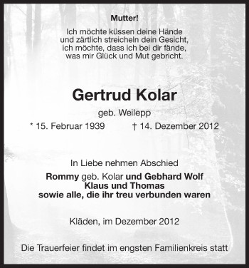 Traueranzeige von Gertrud Kolar von Uelzen