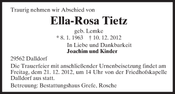 Traueranzeige von Ella-Rosa Tietz von Uelzen