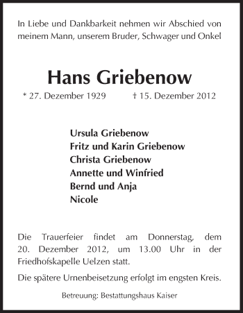 Traueranzeige von Hans Griebenow von Uelzen