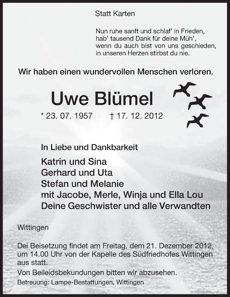  Traueranzeige für Uwe Blümel vom 19.12.2012 aus Uelzen