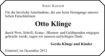 Traueranzeige von Otto Klinge von Uelzen